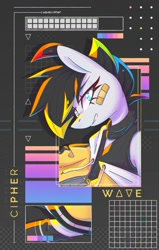Size: 762x1200 | Tagged: safe, artist:wavecipher, oc, oc only, oc:cipher wave, pony, adversarial noise, bandaid, clothes, eyebrows, eyebrows visible through hair, solo