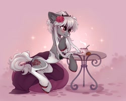 Size: 2048x1650 | Tagged: safe, artist:rozmed, oc, oc only, earth pony, pony, blanket, concave belly, cookie, cup, ear fluff, earth pony oc, food, leaning on table, long bangs, pale belly, sitting, slender, solo, table, tea, teacup, thin