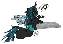 Size: 1182x840 | Tagged: safe, artist:momma-fleur, queen chrysalis, changeling, changeling queen, g4, bipedal, bipedal leaning, coffee, coffee cup, coffee mug, cup, digital art, irritated, leaning, mug, signature, simple background, thighs, thunder thighs, transparent background
