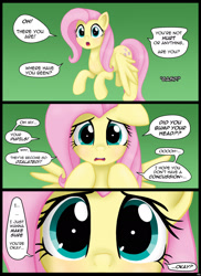 Size: 1280x1761 | Tagged: safe, artist:lennondash, part of a set, fluttershy, pegasus, pony, series:too close, g4, close-up, comic, concerned, cute, dialogue, extreme close-up, female, gradient background, looking at you, mare, oh my, part of a series, shyabetes, solo, talking to viewer, weapons-grade cute