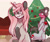 Size: 1280x1084 | Tagged: safe, artist:pixelberrry, oc, oc only, oc:itami, oc:precilla, goat, pony, unicorn, christmas, christmas ball, christmas tree, female, holiday, holly, horn, mare, tree