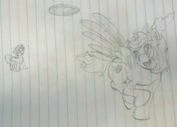 Size: 1900x1370 | Tagged: artist needed, safe, pegasus, pony, duo, frisbee, lined paper, open mouth, open smile, pencil drawing, photo, smiling, traditional art