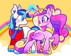 Size: 2048x1616 | Tagged: safe, artist:alexbeeza, princess cadance, shining armor, alicorn, pony, unicorn, a canterlot wedding, g4, alternate design, alternate hairstyle, blaze (coat marking), blue eyes, blue mane, blue tail, blush scribble, blush sticker, blushing, clothes, cloud, coat markings, colored belly, colored ear fluff, colored eartips, colored hooves, colored pinnae, colored wings, crown, duo, duo male and female, ear fluff, ear hair, eyelashes, eyeshadow, facial markings, facing each other, female, gradient legs, gradient wings, heart, heart eyes, hoof shoes, horn, horns are touching, jewelry, long mane, looking at each other, looking at someone, makeup, male, mare, mealy mouth (coat marking), multicolored mane, multicolored tail, pale belly, partially open wings, physique difference, pink coat, princess shoes, purple eyes, rainbow, raised hoof, regalia, ship:shiningcadance, shipping, sky background, slender, smiling, smiling at each other, sparkly mane, sparkly tail, stallion, standing, straight, tail, thin, tiara, two toned mane, two toned tail, two toned wings, unicorn horn, uniform, unshorn fetlocks, wall of tags, wavy mane, wavy tail, white coat, wingding eyes, wings