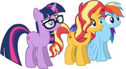 Size: 1077x591 | Tagged: safe, edit, edited screencap, editor:pascalmulokozi2, screencap, rainbow dash, sci-twi, sunset shimmer, twilight sparkle, earth pony, pegasus, pony, unicorn, equestria girls, equestria girls specials, g4, my little pony equestria girls: better together, my little pony equestria girls: spring breakdown, background removed, equestria girls ponified, glasses, horn, human pony dash, not a vector, ponified, simple background, transparent background, unicorn sci-twi, unicorn twilight