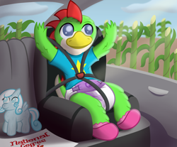 Size: 3200x2651 | Tagged: safe, artist:sweetielover, oc, oc only, oc:snowdrop, oc:yosh, bird, dragon, duck, hybrid, pony, blind, booties, car, car interior, car seat, clothes, diaper, high res, male, paper, plushie, pony plushie, raised claw, shirt, solo, sugar cane, t-shirt, travelling