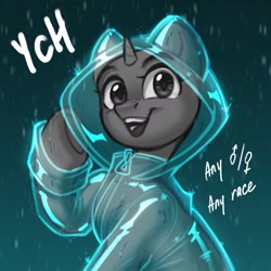 Size: 2048x2048 | Tagged: safe, artist:amishy, pony, unicorn, bust, commission, horn, looking at you, open mouth, open smile, rain, raincoat, smiling, smiling at you, solo, text, your character here