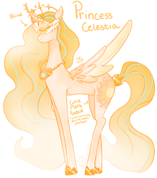 Size: 1500x1700 | Tagged: safe, artist:rulakkuma, princess celestia, alicorn, pony, g4, alternate color palette, alternate design, alternate eye color, alternate hair color, blind, colored pinnae, colored wings, colored wingtips, crown, curved horn, ear fluff, ethereal mane, ethereal tail, female, frown, gradient horn, halo, head wings, hoof shoes, horn, jewelry, lidded eyes, long legs, long mane, long tail, mare, multicolored mane, multicolored tail, multicolored wings, narrowed eyes, princess shoes, redesign, regalia, signature, simple background, slender, solo, spread wings, tail, tail jewelry, tall, text, thin, tiara, wavy mane, wavy tail, white background, white eyes, wing fluff, wings, yellow coat, yellow mane, yellow tail, yellow text