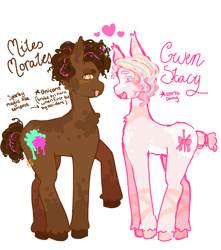 Size: 1500x1700 | Tagged: safe, artist:rulakkuma, earth pony, pony, unicorn, beanbrows, blaze (coat marking), blonde mane, blonde tail, blue eyes, blushing, brown coat, brown mane, brown tail, brown text, chest fluff, coat markings, colored eartips, colored eyebrows, curly mane, curly tail, dappled, duo, duo male and female, ear tufts, eyebrow piercing, eyebrows, facial markings, female, freckles, gwen stacy, heart, horn, looking back, male, mare, marvel, miles morales, missing horn, multicolored mane, multicolored tail, open mouth, open smile, orange eyes, piercing, pink coat, pink text, ponified, profile, raised hoof, short mane, short tail, signature, simple background, smiling, socks (coat markings), spider-man, spiderverse, stallion, standing, tail, text, tied tail, tooth gap, unshorn fetlocks, white background