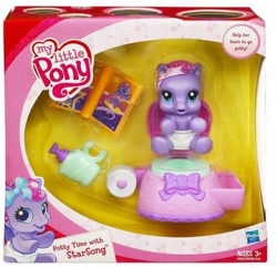 Size: 484x468 | Tagged: safe, starsong, g3, g3.5, newborn cuties, ballerina, ballet, book, bottle, box, but why, cute, diaper, hasbro, hasbro logo, in a box, logo, my little pony logo, potty, potty time, potty training, soap, soap bottle, toilet, toilet paper, toy, training potty