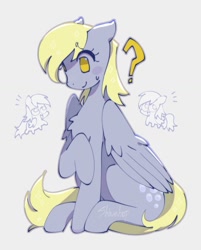 Size: 1071x1330 | Tagged: safe, artist:shinehop69, derpy hooves, pegasus, pony, g4, blush sticker, blushing, chest fluff, chibi, eye clipping through hair, eyebrows, eyebrows visible through hair, female, folded wings, gray background, gray coat, mare, nervous, nervous smile, question mark, raised hoof, signature, simple background, sitting, smiling, solo, sparkly mane, sparkly tail, tail, triality, wing fluff, wingding eyes, wings, yellow eyes, yellow mane, yellow tail