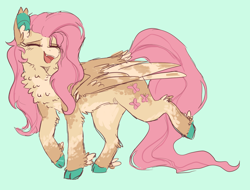 Size: 1514x1148 | Tagged: safe, artist:pretzelprince, fluttershy, pegasus, pony, g4, alternate color palette, alternate design, bat ears, belly fluff, blaze (coat marking), blushing, brown coat, chest fluff, cloven hooves, coat markings, colored ear fluff, colored ears, colored hooves, colored muzzle, colored pinnae, colored wings, concave belly, dappled, ear tufts, eyes closed, facial markings, fangs, female, fetlock tuft, green background, leg fluff, long mane, long tail, mare, mealy mouth (coat marking), open mouth, open smile, partially open wings, pink mane, pink tail, raised hoof, redesign, simple background, smiling, solo, tail, two toned mane, two toned tail, two toned wings, unshorn fetlocks, walking, wavy mane, wavy tail, wings