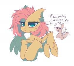 Size: 1870x1670 | Tagged: safe, artist:mirtash, fluttershy, oc, pegasus, pony, g4, alternate hairstyle, annoyed, autism, autism spectrum disorder, autistic fluttershy, bags under eyes, big eyes, blue eyes, chest fluff, dialogue, duo, ear fluff, eyebrows, eyebrows visible through hair, female, fluttershy is not amused, frown, leg fluff, mare, messy mane, open mouth, partially open wings, pink coat, pink mane, raised eyebrow, sad, short mane, simple background, solo focus, text, tired, tired eyes, unamused, white background, wing fluff, wingding eyes, wings, yellow coat