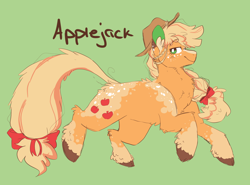 Size: 1634x1212 | Tagged: safe, artist:pretzelprince, applejack, earth pony, pony, g4, alternate design, applejack's hat, applejacked, back fluff, blaze (coat marking), blonde mane, blonde tail, blushing, body freckles, bow, braid, braided ponytail, brown text, butt fluff, chest fluff, cloven hooves, coat markings, colored ear fluff, colored eartips, colored hooves, colored pinnae, cowboy hat, dappled, ear freckles, eyebrows, eyebrows visible through hair, facial markings, female, freckles, green background, green eyes, hair bow, hat, leg fluff, leg freckles, lidded eyes, long tail, looking back, mare, messy mane, messy tail, muscles, neck fluff, orange coat, ponytail, profile, redesign, shoulder fluff, simple background, smiling, socks (coat markings), solo, tail, tail bow, text, unshorn fetlocks, wingding eyes