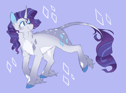 Size: 1885x1398 | Tagged: safe, artist:pretzelprince, rarity, pony, unicorn, g4, alternate color palette, alternate design, alternate tailstyle, blue background, blue eyes, chest fluff, coat markings, colored belly, colored hooves, colored pinnae, concave belly, cutie mark background, ear fluff, elbow fluff, eyelashes, eyeshadow, facial markings, female, fetlock tuft, gray coat, horn, leg fluff, leonine tail, looking back, makeup, mare, neck fluff, one eye closed, pale belly, purple mane, purple tail, redesign, ringlets, simple background, smiling, socks (coat markings), solo, standing, star (coat marking), tail, two toned mane, two toned tail, unicorn horn, unshorn fetlocks, walking, wavy mane, wavy tail
