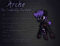 Size: 3100x2400 | Tagged: safe, artist:arche, oc, oc:arche medley, earth pony, pony, series:archeverse, alternate universe, bag, bandage, bandaged leg, blood, boots, clothes, colt, earth pony oc, foal, infectionau, leather, leather boots, male, saddle bag, scrapes, shoes, solo