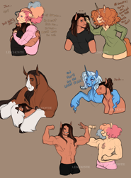 Size: 2000x2700 | Tagged: safe, artist:lesghostie, pumpkin cake, trixie, trouble shoes, oc, oc:james jester pie, oc:simon cinnamon pie, earth pony, pony, unicorn, anthro, armpit hair, bicep flex, brothers, brown background, chest fluff, clothes, colt, comforting, crying, female, flexing, foal, gratuitous spanish, hair over eyes, hair over one eye, hoof around neck, horn, hug, male, mare, muscles, muscular male, offspring, older, older pumpkin cake, parent:cheese sandwich, parent:pinkie pie, parents:cheesepie, partial nudity, pose, siblings, simple background, stallion, topless, unshorn fetlocks