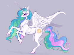 Size: 1280x964 | Tagged: safe, artist:hostbaan, princess celestia, alicorn, pony, g4, colored, concave belly, female, fit, horn, large wings, long horn, long mane, mare, partially open wings, rearing, side view, sketch, slender, solo, sternocleidomastoid, tall, thin, wings