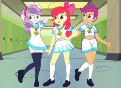 Size: 3799x2751 | Tagged: safe, artist:gmaplay, apple bloom, scootaloo, sweetie belle, equestria girls, g4, clothes, cutie mark crusaders, dress, female, lockers, miniskirt, pants, pretty sailor crew, school uniform, schoolgirl, skirt, socks, thigh highs, thigh socks, trio, trio female