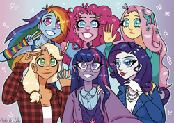 Size: 3508x2480 | Tagged: safe, artist:rubleooble, applejack, fluttershy, pinkie pie, rainbow dash, rarity, twilight sparkle, human, g4, female, glasses, gradient background, grin, hand on shoulder, high res, holding hands, humanized, lips, lipstick, looking at you, mane six, pony coloring, rainbow background, round glasses, smiling, smiling at you, waving, waving at you, wingding eyes