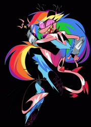 Size: 1500x2100 | Tagged: safe, artist:entropystar, rainbow dash, demon, hybrid, imp, reptile, snake, anthro, digitigrade anthro, g4, black background, crossover, demon horns, demonized, devil tail, fangs, female, hellaverse, hellborn, horns, looking at you, simple background, solo, species swap, tail