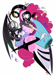 Size: 1500x2100 | Tagged: safe, artist:entropystar, pinkie pie, angel, g4, angelic wings, crossover, exorcist angel, female, halo, hazbin hotel, heavenborn, hellaverse, horns, mask, party cannon, simple background, solo, species swap, white background, wings
