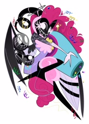 Size: 1500x2100 | Tagged: safe, artist:entropystar, pinkie pie, angel, g4, angelic wings, angelified, confetti, crossover, exorcist angel, female, halo, hazbin hotel, heavenborn, hellaverse, horns, mask, party cannon, simple background, solo, species swap, white background, wings