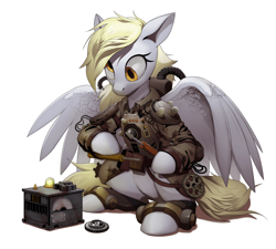 Size: 1920x1726 | Tagged: safe, artist:blazingstred, derpy hooves, pegasus, pony, g4, cross-eyed, female, gears, hoof hold, looking at something, mare, partially open wings, screwdriver, simple background, sitting, solo, white background, wings