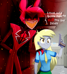 Size: 2034x2234 | Tagged: safe, artist:the-butch-x, derpy hooves, deer, demon, human, undead, equestria girls, g4, alastor, bowtie, clothes, crossover, deer demon, duo, duo male and female, female, glasses, gun, handgun, hat, hazbin hotel, hellaverse, i think we're gonna have to kill this guy, m1911, male, meme, necktie, no trigger discipline, overlord demon, pistol, shirt, sinner demon, skirt, suit, this will end in death, top hat