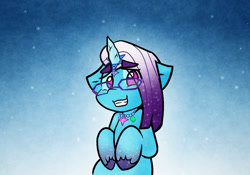 Size: 1223x856 | Tagged: safe, alternate version, artist:zutcha, comet (g5), auroricorn, pony, unicorn, g5, eye clipping through hair, eyebrows, eyebrows visible through hair, gradient background, grin, horn, looking at you, male, smiling, smiling at you, snow, snowfall, solo, stallion, unshorn fetlocks