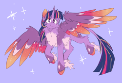 Size: 1914x1309 | Tagged: safe, artist:pretzelprince, twilight sparkle, alicorn, pony, g4, alternate color palette, alternate design, belly fluff, blue background, blue mane, blue tail, body freckles, cheek fluff, chest fluff, coat markings, colored belly, colored eartips, colored hooves, colored pinnae, colored wings, colored wingtips, concave belly, ear fluff, eye clipping through hair, eyebrows, eyebrows visible through hair, facial markings, female, fetlock tuft, flying, freckles, leg fluff, leonine tail, mare, multicolored mane, multicolored tail, multicolored wings, neck fluff, pale belly, purple coat, purple eyes, redesign, shiny hooves, simple background, smiling, solo, sparkles, sparkly wings, spread wings, star (coat marking), tail, twilight sparkle (alicorn), unshorn fetlocks, wing fluff, wing freckles, wingding eyes, wings