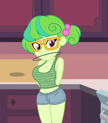 Size: 947x1074 | Tagged: artist needed, safe, stella sprinkles, human, equestria girls, g4, arm behind back, breasts, busty stella sprinkles, cleavage, clothes, female, looking at you, orthodontic headgear, shorts, solo, tank top