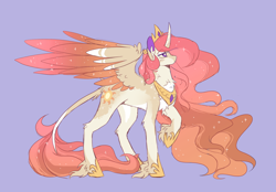Size: 2048x1422 | Tagged: safe, alternate version, artist:pretzelprince, princess celestia, alicorn, pony, g4, alternate color palette, alternate design, beige coat, blaze (coat marking), blushing, chest fluff, coat markings, colored horn, colored pinnae, colored wings, concave belly, crown, ear fluff, ethereal mane, ethereal tail, eyebrows, eyebrows visible through hair, facial markings, female, fetlock tuft, hoof shoes, horn, jewelry, leg fluff, leonine tail, long horn, long mane, long tail, looking up, mare, multicolored mane, multicolored tail, multicolored wings, neck fluff, no mouth, partially open wings, peytral, princess shoes, purple background, purple eyes, raised hoof, redesign, regalia, simple background, solo, standing, starry mane, starry tail, starry wings, tail, tail fluff, tiara, unicorn horn, wavy mane, wavy tail, wing fluff, wingding eyes, wings
