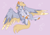 Size: 1928x1350 | Tagged: safe, artist:pretzelprince, derpy hooves, pegasus, pony, g4, alternate color palette, alternate design, back fluff, belly fluff, blaze (coat marking), blonde mane, blonde tail, body freckles, bubble, chest fluff, coat markings, colored ear fluff, colored ears, colored hooves, colored muzzle, colored pinnae, colored wings, colored wingtips, countershading, cutie mark background, dappled, ear fluff, eye clipping through hair, eyebrows, eyebrows visible through hair, eyes closed, facial markings, female, fetlock tuft, fluffy, flying, freckles, happy, large wings, leg fluff, leg freckles, mare, multicolored wings, neck fluff, pale belly, pubic fluff, purple background, redesign, simple background, smiling, socks (coat markings), solo, spread wings, tail, underhoof, unshorn fetlocks, wing fluff, wing freckles, wings