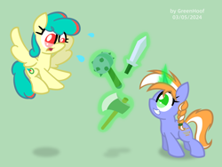 Size: 1920x1440 | Tagged: safe, artist:greenhoof, oc, oc only, oc:alloy shaper, oc:compass aisle, pegasus, pony, unicorn, axe, duo, female, horn, mace, mare, simple background, sword, vector, weapon