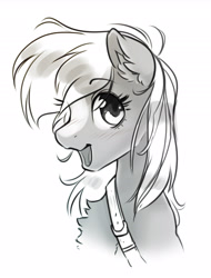 Size: 2049x2700 | Tagged: safe, artist:opalacorn, earth pony, pony, bust, chest fluff, eyebrows, eyebrows visible through hair, female, grayscale, looking at you, mare, monochrome, open mouth, open smile, ponified, sergeant reckless, simple background, smiling, smiling at you, solo, white background