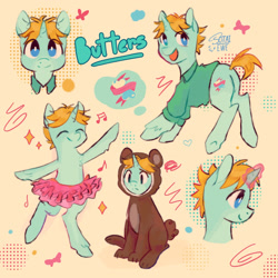 Size: 1280x1280 | Tagged: safe, artist:sotaiewe, pony, unicorn, 2023, butters stotch, clothes, costume, cute, dancing, frown, heart, horn, kigurumi, leopold butters stotch, male, music notes, ponified, shirt, smiling, solo, south park, tutu