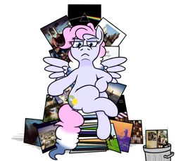 Size: 1200x1100 | Tagged: safe, artist:jargon scott, oc, oc:heavy weather, pegasus, a momentary lapse of reason, animal, atom heart mother, chair, crossed legs, meddle, more, obscured by clouds, pegasus oc, pigtails, pink floyd, reclining, record, saucerful of secrets, simple background, sitting, smug look of superiority, spread wings, the dark side of the moon, the division bell, the endless river, the final cut, the piper at the gates of dawn, the wall, throne, trash can, ummagumma, white background, wings, wish you were here