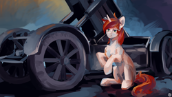 Size: 2560x1440 | Tagged: safe, artist:krapinkaius, oc, oc only, oc:linaxero, pony, unicorn, 17 cm k.mrs.laf, artillery, horn, howitzer, military, weapon