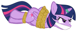 Size: 1024x432 | Tagged: safe, artist:soupcanz, twilight sparkle, alicorn, pony, g4, angry, bondage, bound wings, cloth gag, female, gag, hooves behind back, magic suppression, ropes, solo, wings