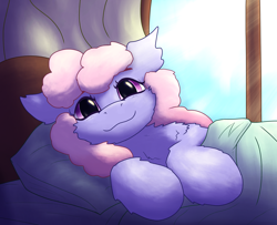 Size: 2274x1849 | Tagged: safe, artist:gosha305, rainbowshine, earth pony, g4, bed, bust, cheek fluff, crepuscular rays, cute, digital art, ear fluff, female, fluffy, looking at you, lying down, mare, morning, morning ponies, on side, portrait, smiling, smiling at you, solo, under the covers, window