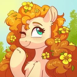Size: 2000x2000 | Tagged: safe, artist:skysorbett, pear butter, earth pony, pony, g4, bust, buttercup, chest fluff, curly hair, curly mane, eyebrows, female, flower, flower in hair, high res, hoof over mouth, mare, one eye closed, portrait, smiling, solo, sun