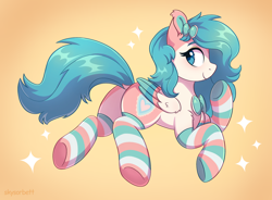 Size: 2372x1742 | Tagged: safe, artist:skysorbett, oc, oc only, oc:fairy wind, pegasus, pony, accessory, butt, clothes, colored wings, cute, female, mare, pegasus oc, plot, simple background, smiling, socks, solo, sparkles, striped socks, wings