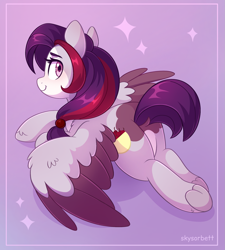 Size: 1881x2086 | Tagged: safe, artist:skysorbett, oc, oc only, oc:cherry rush, pegasus, pony, butt, colored wings, eyebrows, female, looking at you, lying down, mare, pegasus oc, plot, smiling, solo, sparkles, spread wings, two toned mane, two toned wings, underhoof, wings