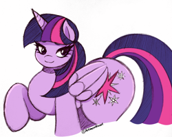 Size: 2048x1630 | Tagged: safe, artist:artmorheart, twilight sparkle, alicorn, pony, g4, adorasexy, butt, cute, large butt, puffed chest, raised hoof, sexy, simple background, smiling, solo, twibutt, twilight sparkle (alicorn), white background