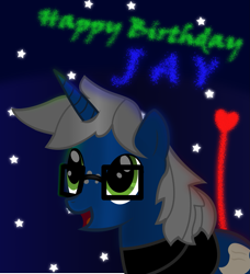 Size: 1425x1560 | Tagged: safe, artist:cardshark777, oc, oc only, oc:jay, unicorn, birthday, birthday gift, clothes, digital art, fireworks, glasses, green eyes, happy, heart, horn, jacket, looking up, male, night, night sky, open mouth, sky, smiling, stallion, stars