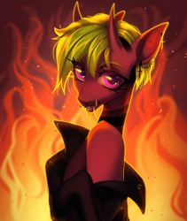 Size: 2644x3136 | Tagged: safe, artist:meggychocolatka, pony, clothes, fangs, fire, green hair, jacket, leather, leather jacket, piercing, pink eyes, red skin, simple background, slender, teeth, thin