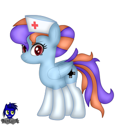 Size: 3840x4154 | Tagged: safe, artist:damlanil, oc, oc:nurse wishing star, pegasus, pony, bun, clothes, cute, female, gloves, hair bun, hat, latex, latex gloves, latex socks, looking at you, mare, nurse, nurse hat, show accurate, simple background, socks, solo, standing, transparent background, vector, wings