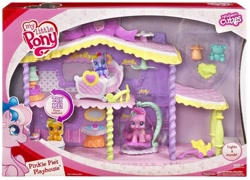 Size: 1232x888 | Tagged: safe, pinkie pie (g3), scootaloo (g3), starsong, g3, g3.5, newborn cuties, bathroom, bedroom, box, button, cradle, cute, diaper, fan, figure, in a box, lamp, my little pony logo, pinkie pie's playhouse, sink, swing, toilet, toy
