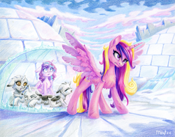 Size: 1533x1200 | Tagged: safe, artist:maytee, princess cadance, princess flurry heart, oc, alicorn, changeling, moth, mothling, original species, pony, g4, colored pencil drawing, crying, female, filly, foal, force field, group, holeless, igloo, mama bear, mare, older, older flurry heart, protecting, quintet, scratches, snow changeling, tattered, tattered wings, traditional art, wings