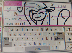 Size: 1523x1135 | Tagged: safe, artist:danatron1, fluttershy, pegasus, g4, looking at you, nintendo ds, nostalgia, photo, pictochat, picture of a screen, pixel art, sad, smiling, smiling at you, waving